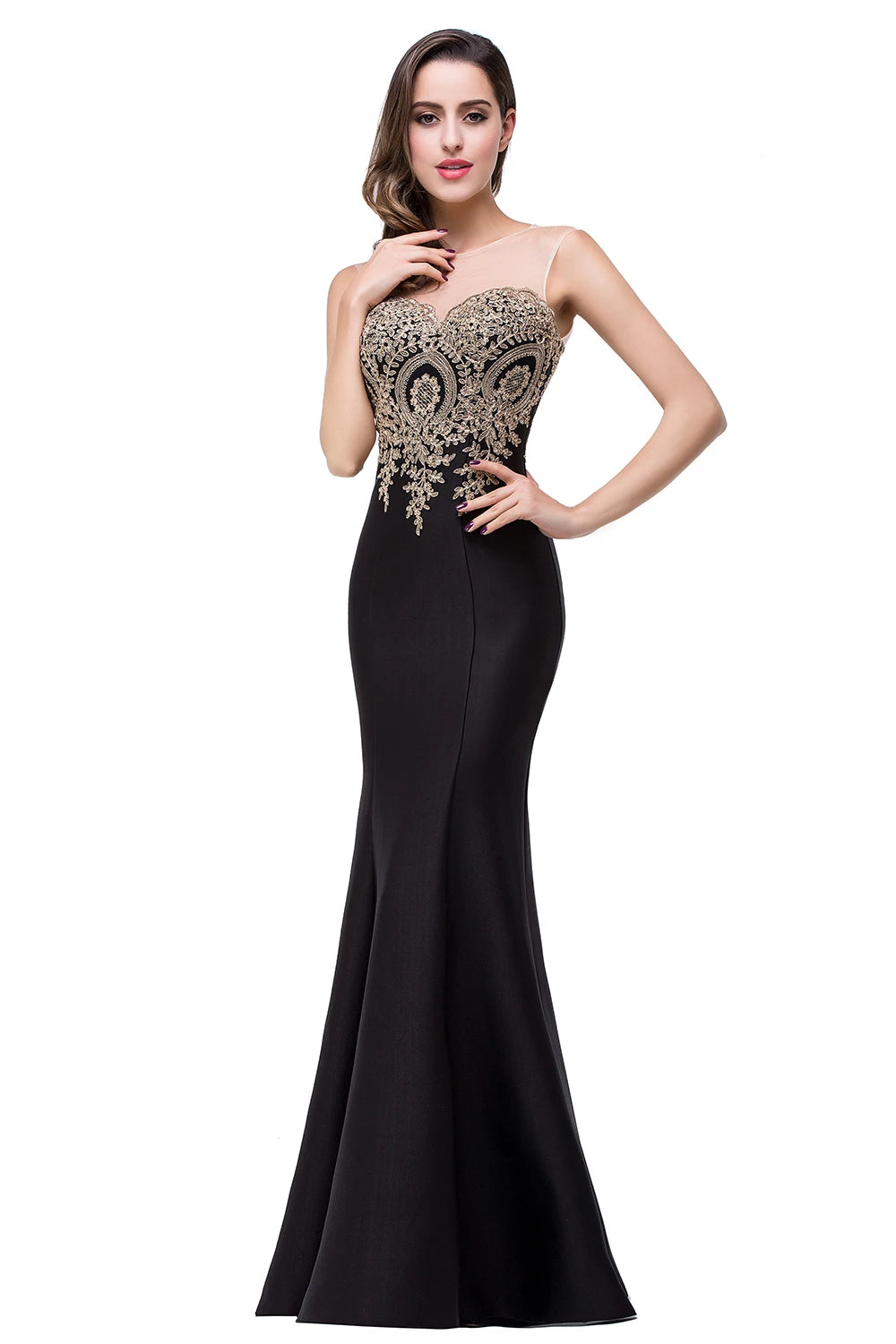 Golden Appliques Lace Mermaid Evening Dress - Sweetheart Illusion Prom Gown - SalmanStore 