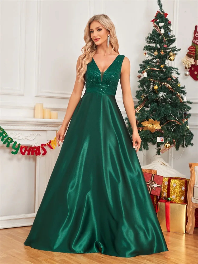 Elegant Sequin Evening Dress for Women - Deep V-Neck Satin Prom Gown 2024