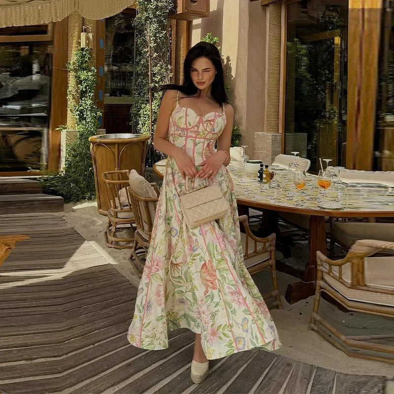 Elegant Printed Flower Women's Dress Contrast Sleeveless Halter Waist-Closed A-Line Lady Dresses Summer Fashion Vacation Robe