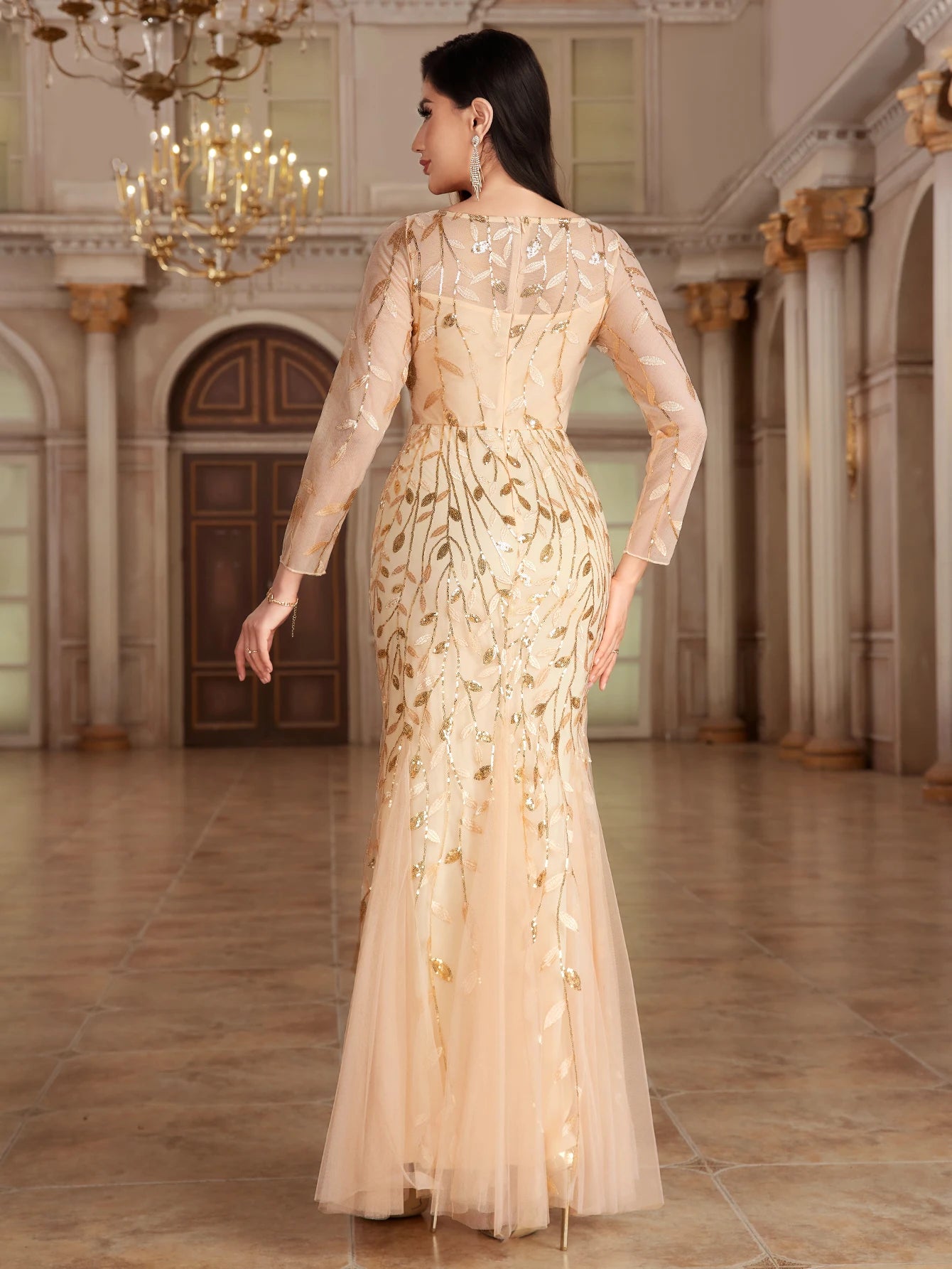 Mermaid Tulle Embroidery Evening Dress - O-Neck Full Sleeve Formal Gown - SalmanStore 