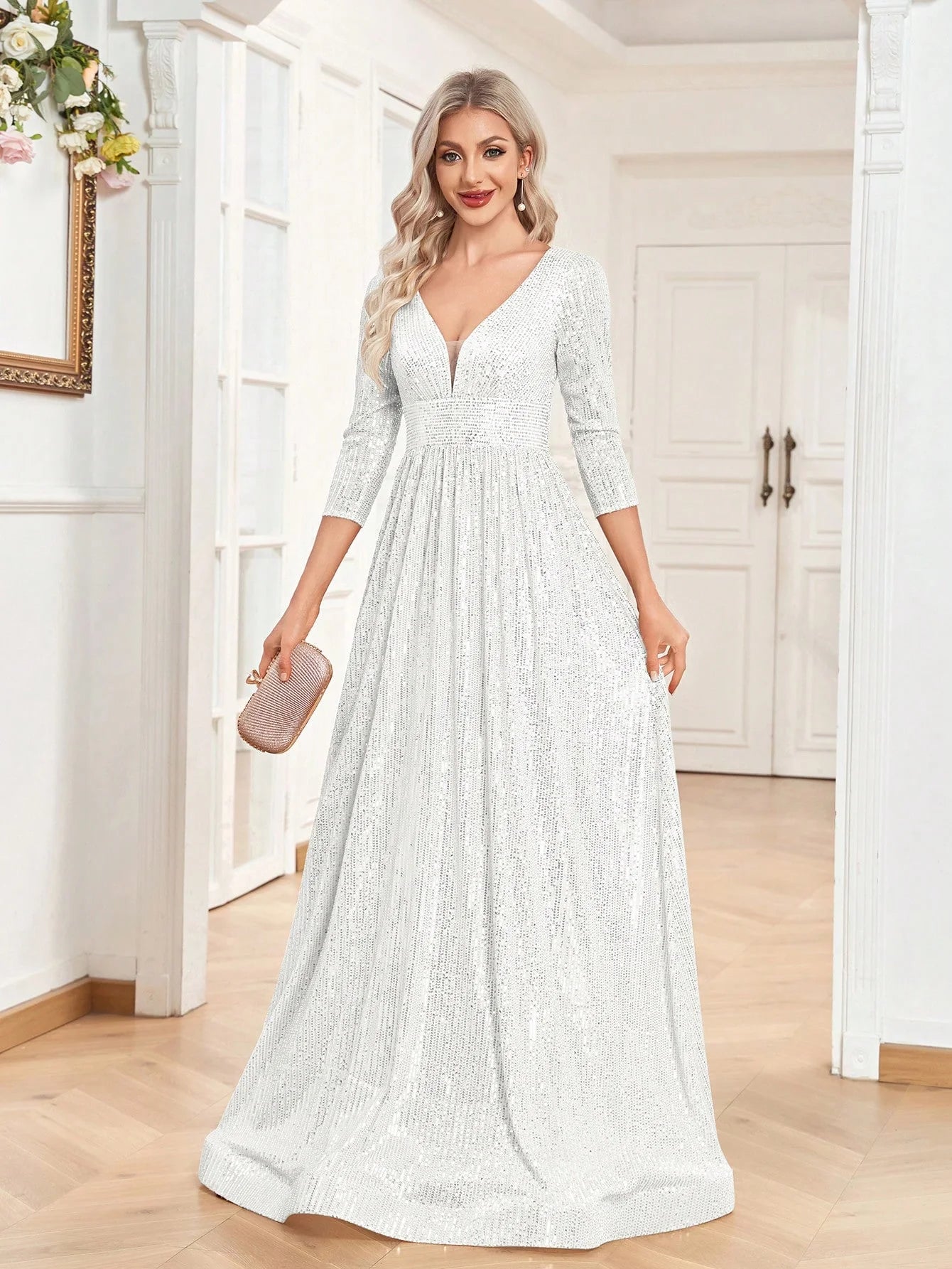 Luxury Blue Sequins V-Neck Long Sleeve Evening Dress - Prom Wedding Gown - SalmanStore 
