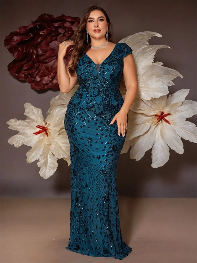 Plus Size Blue Sequin Mermaid Evening Dress - Long V-Neck Formal Prom Gown - SalmanStore 