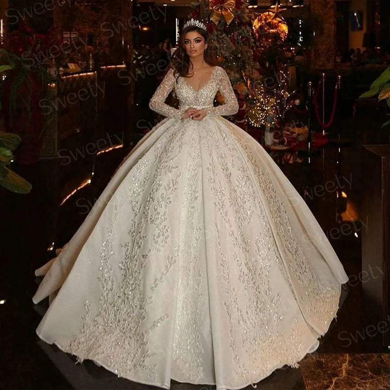 Shiny Fully Beaded Ball Gown Wedding Dress - O-Neck Full Sleeve Bridal Gown - JStorehub 