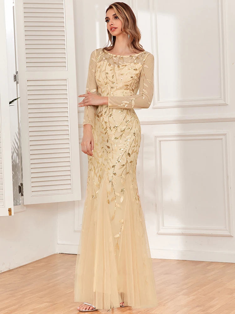 Mermaid Tulle Embroidery Evening Dress - O-Neck Full Sleeve Formal Gown - SalmanStore 
