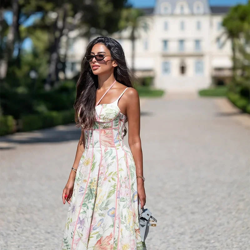 Elegant Printed Flower Women's Dress Contrast Sleeveless Halter Waist-Closed A-Line Lady Dresses Summer Fashion Vacation Robe