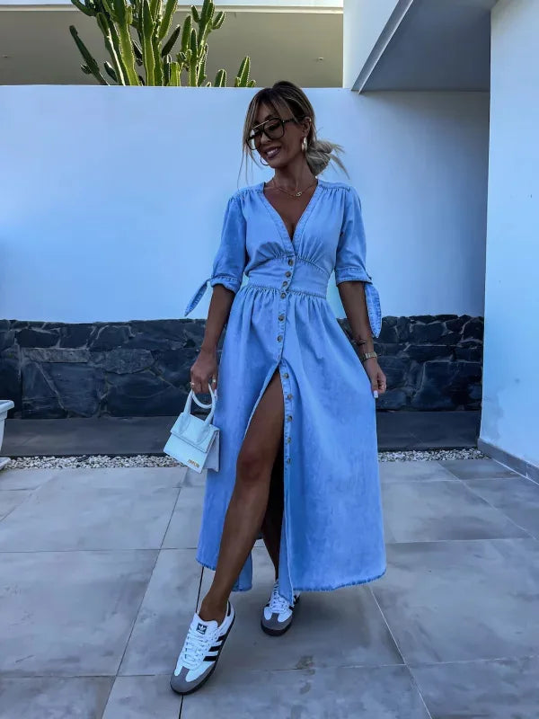 Women Dresses: V Neck Denim Dress - Elegant Style | Salman Store