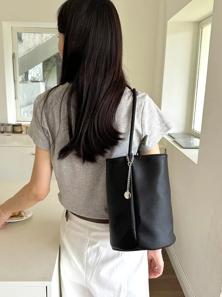 2026 Lychee Pattern Soft Leather Bucket Bag for Women - Casual Underarm Handbag - JStorehub 