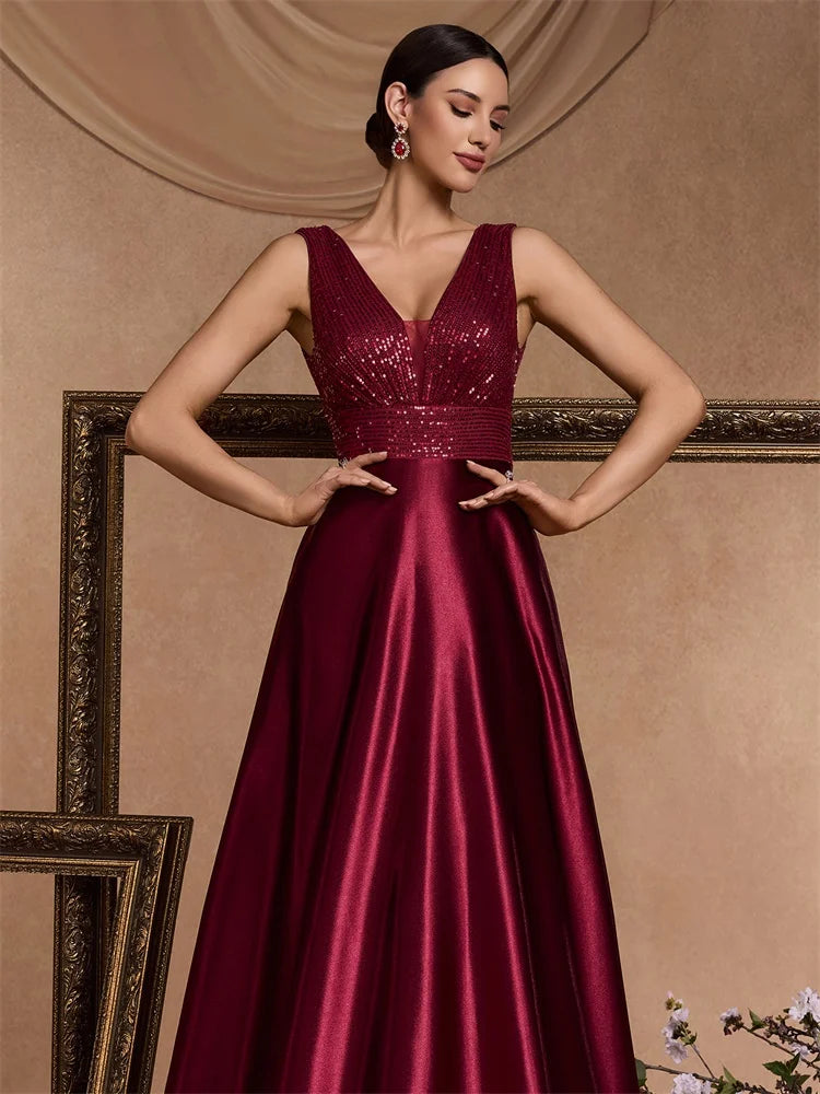 Elegant Sequin Evening Dress for Women - Deep V-Neck Satin Prom Gown 2024 - JStorehub 