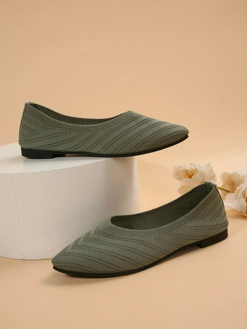 Apricot Knitted Pointed Toe Flat Shoes for Women - Slip-On Comfort