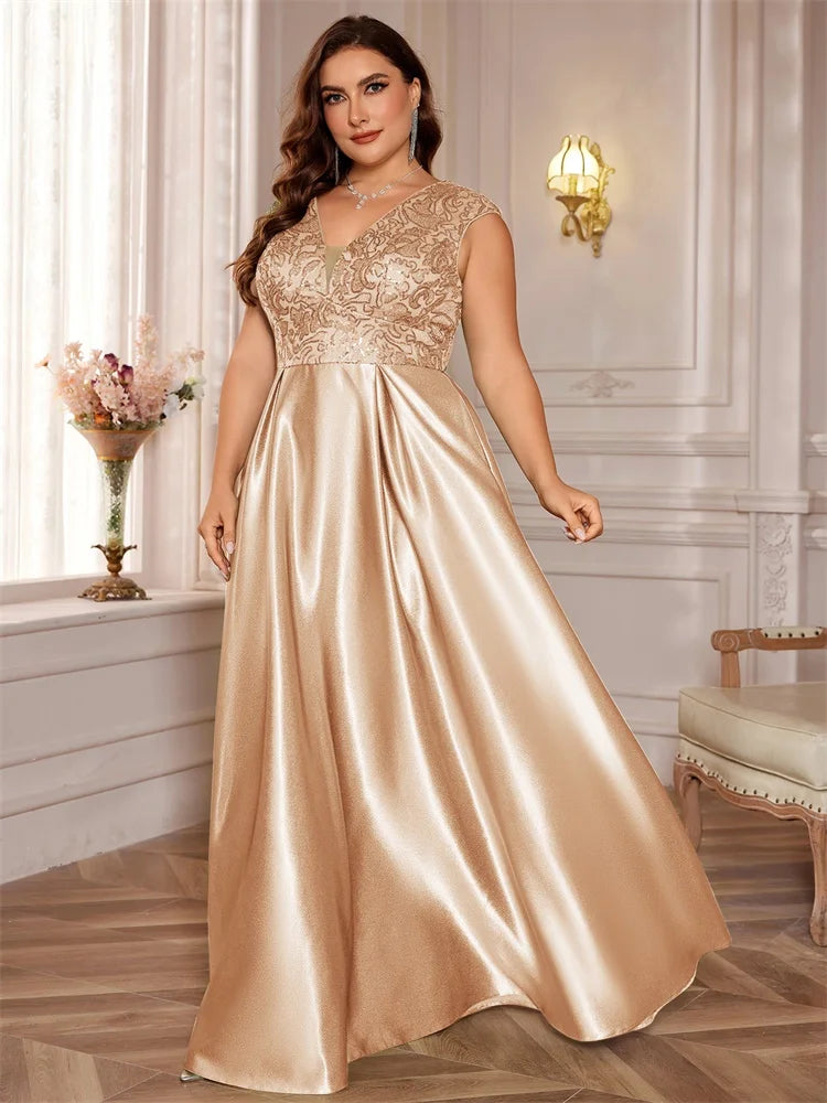 Blueplum Plus Size Gold Satin V-Neck Sequin Evening Dress 2025 - JStorehub 