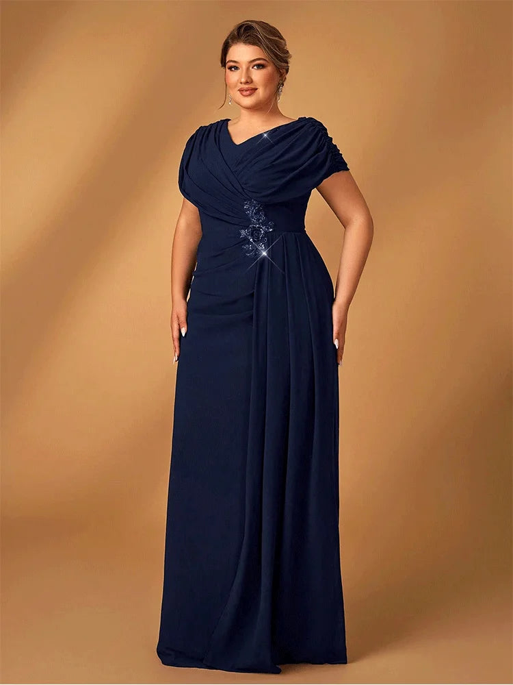Plus Size Luxury Navy Blue Chiffon Mother of Bride Evening Dress - JStorehub 