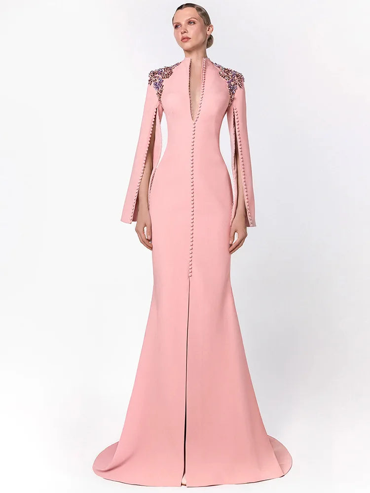 HIGH STREET Newest Fashion 2026 Designer Maxi Dresses Women's Diamonds Beaded Slit Sleeve Long Maxi Dress - JStorehub 