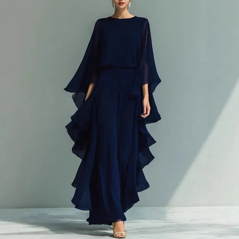 2026 Spring Chiffon 2-Piece Set - Elegant O-Neck Flare Sleeve & Wide Leg Pants - JStorehub 
