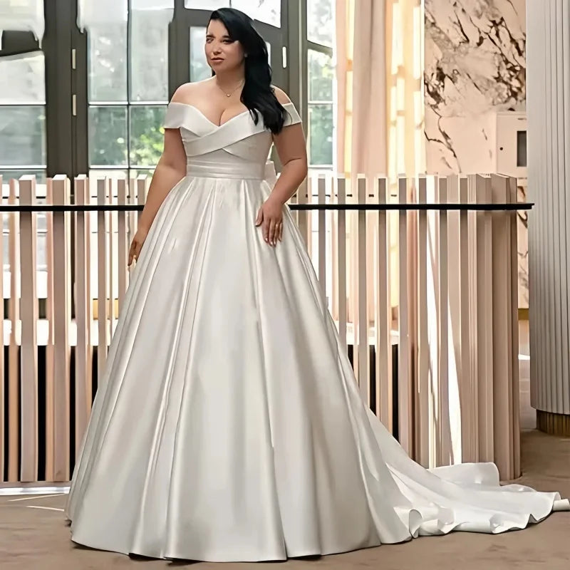 Plus Size Satin Off‑Shoulder Wedding Dress - SalmanStore 