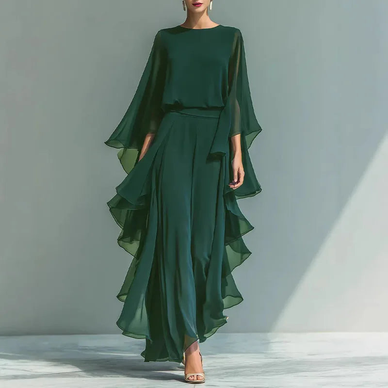 2026 Spring Chiffon 2-Piece Set - Elegant O-Neck Flare Sleeve & Wide Leg Pants - JStorehub 
