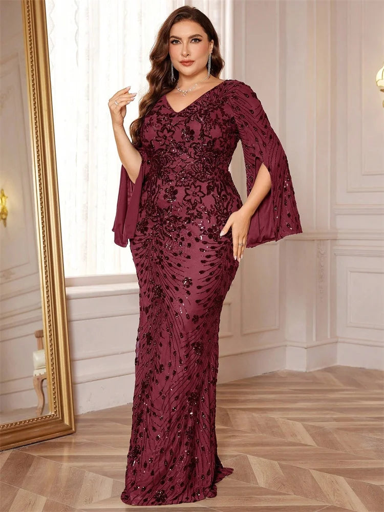 Plus Size Gold Sequin Mermaid Evening Dress - Long Sleeve Formal Prom Gown - SalmanStore 