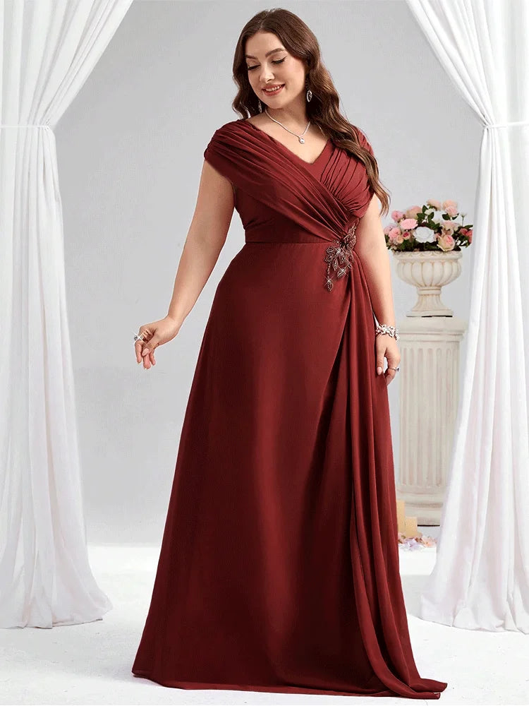 Plus Size Wine Red Chiffon Evening Dress - Luxury 4XL 5XL Mother of Bride Gown - JStorehub 