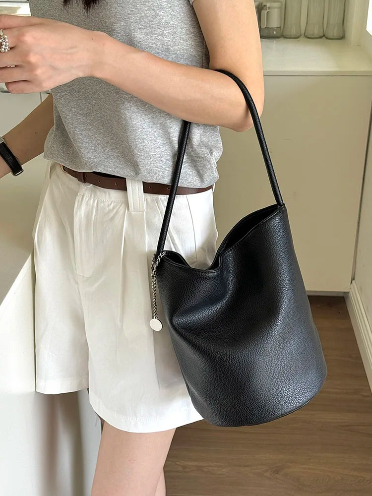 2026 Lychee Pattern Soft Leather Bucket Bag for Women - Casual Underarm Handbag - JStorehub 