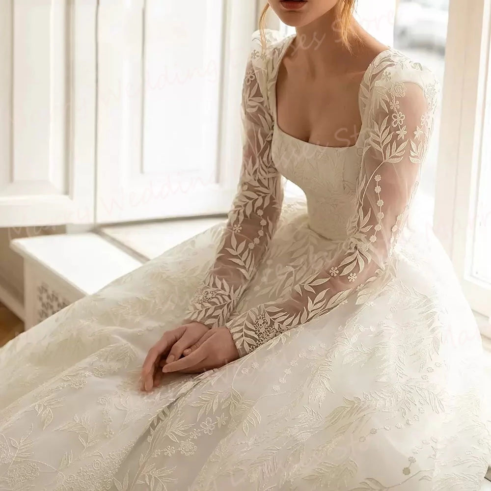Elegant A-Line Wedding Dress with Detachable Long Sleeves - Backless Lace Applique Bridal Gown - JStorehub 