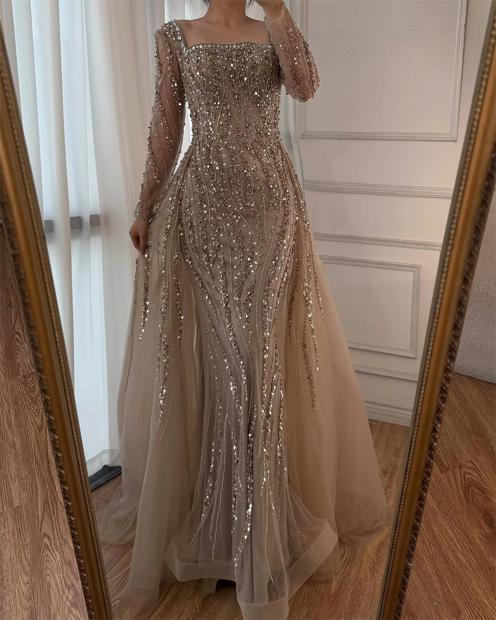 Customized Mermaid Tulle Evening Dress - Square Collar Homecoming Gown - JStorehub 
