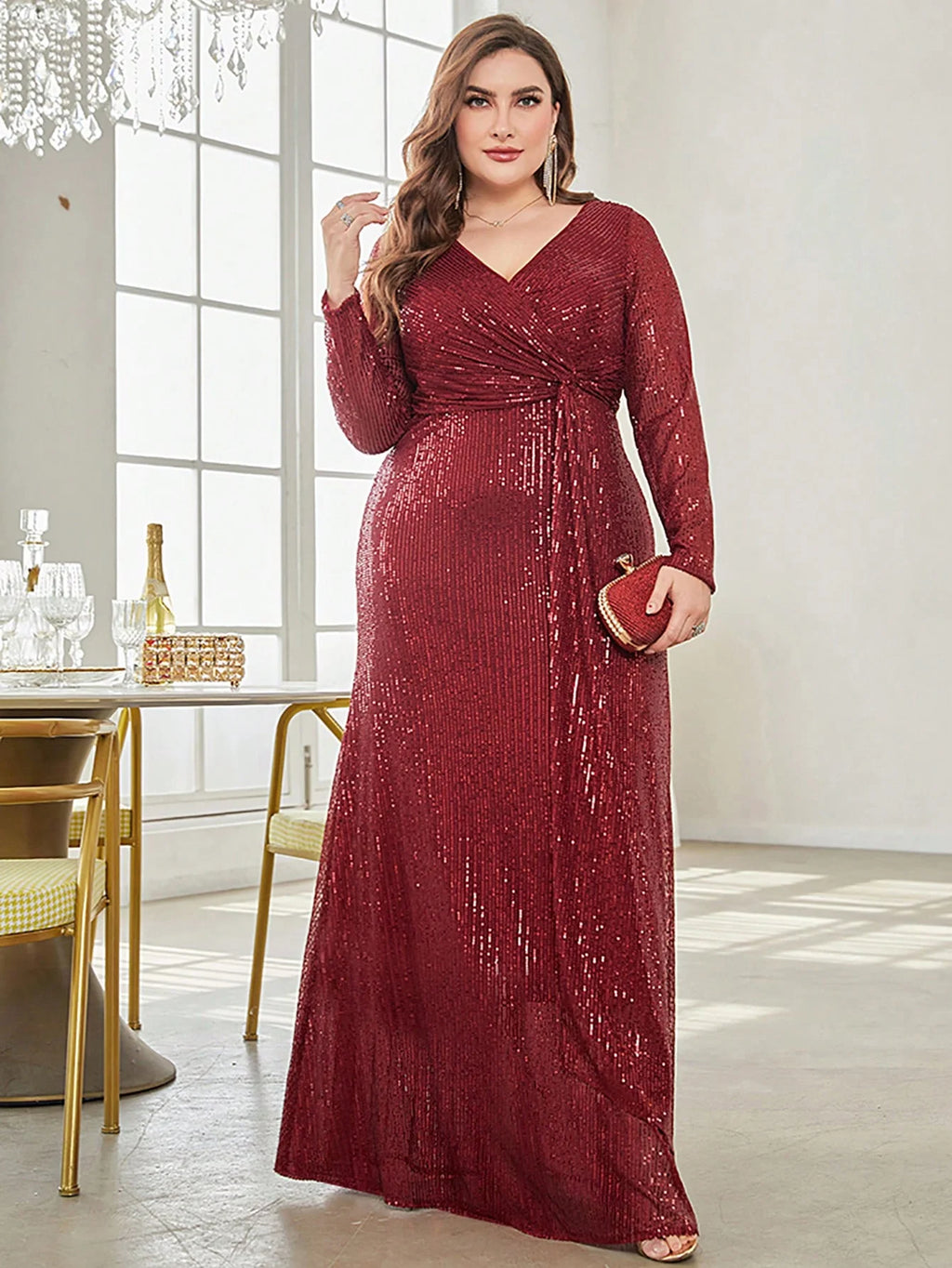 Plus Size Luxury V-Neck Sequin Evening Dress 2025 - Long Sleeve Maxi Gown - JStorehub 