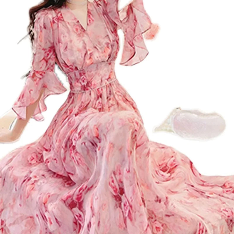 Floral Print Chiffon V-Neck Maxi Dress - Korean High Waist Casual - JStorehub 