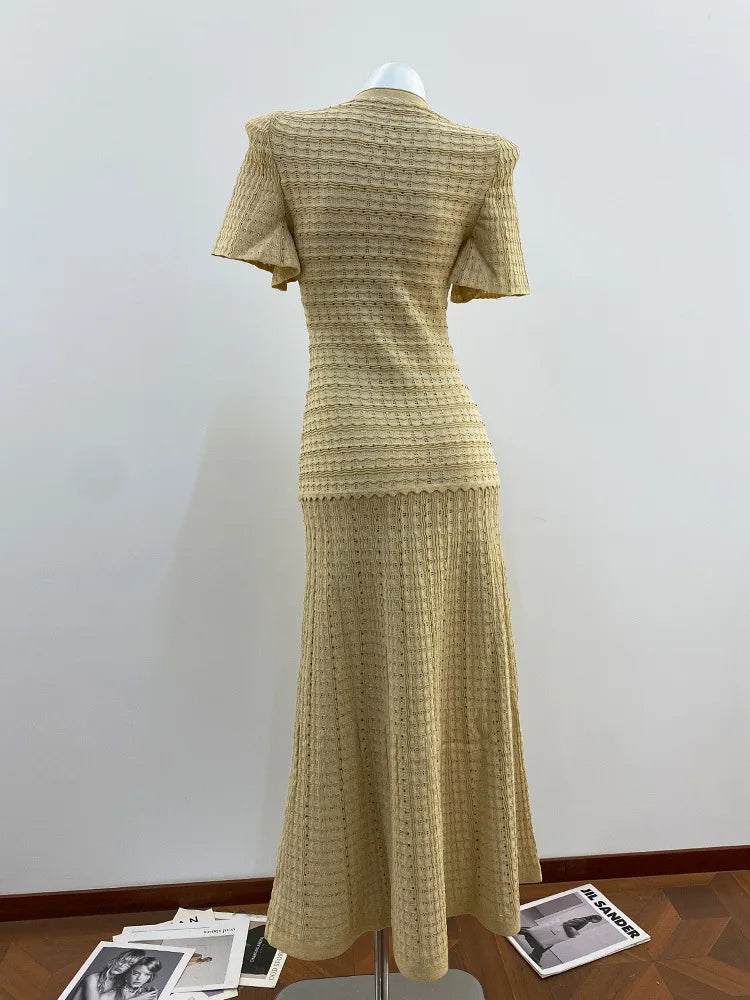 Solid Knit Hollow Out Maxi Dress for Women - Short Sleeve Bodycon Dress 2026 - JStorehub 