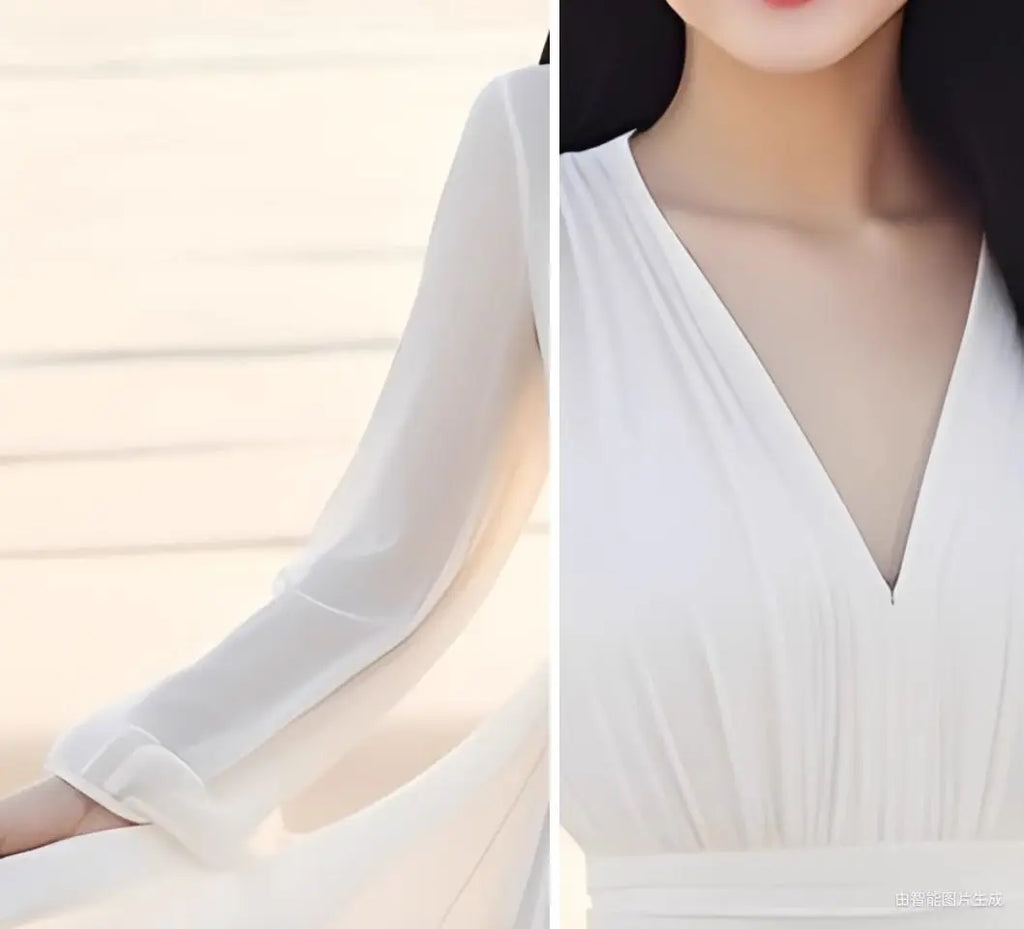 Beach Chiffon Long Sleeve Dress - Spring Summer Vacation Elegant Gown - JStorehub 