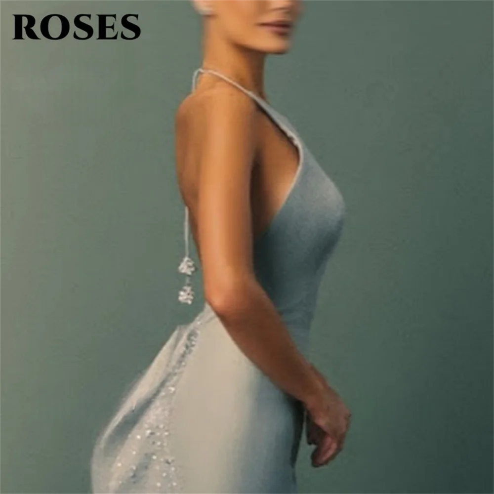 Roses Light Blue Halter Neck Mermaid Prom Dress with Ruffled Train - JStorehub 