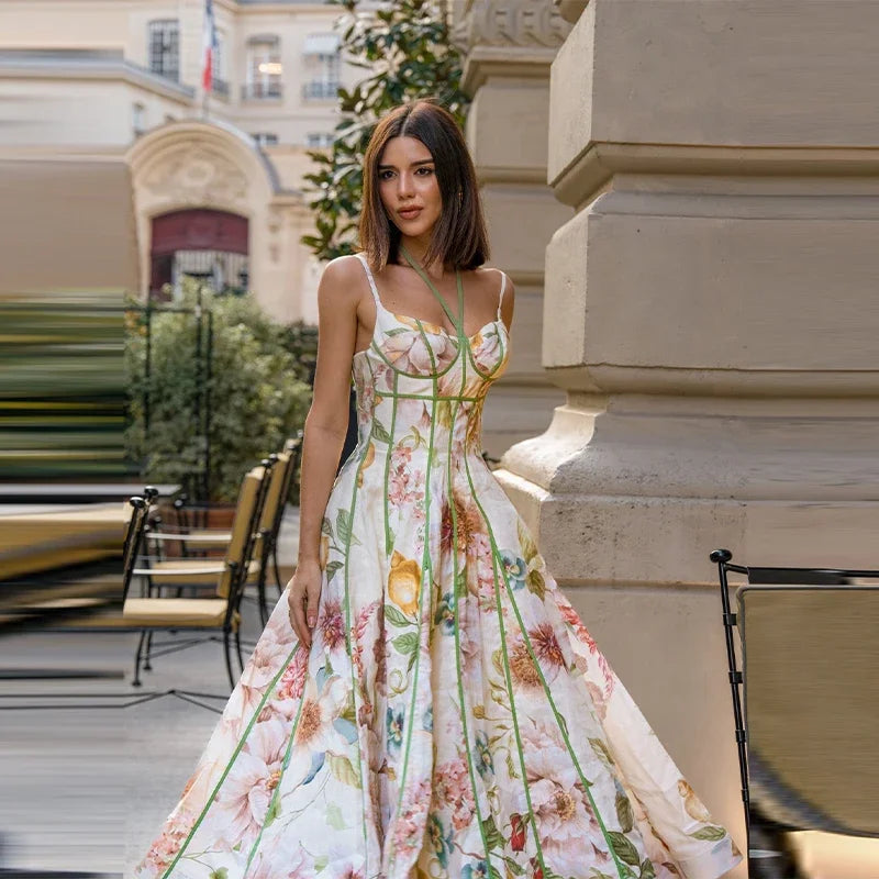 Elegant Printed Flower Women's Dress Contrast Sleeveless Halter Waist-Closed A-Line Lady Dresses Summer Fashion Vacation Robe