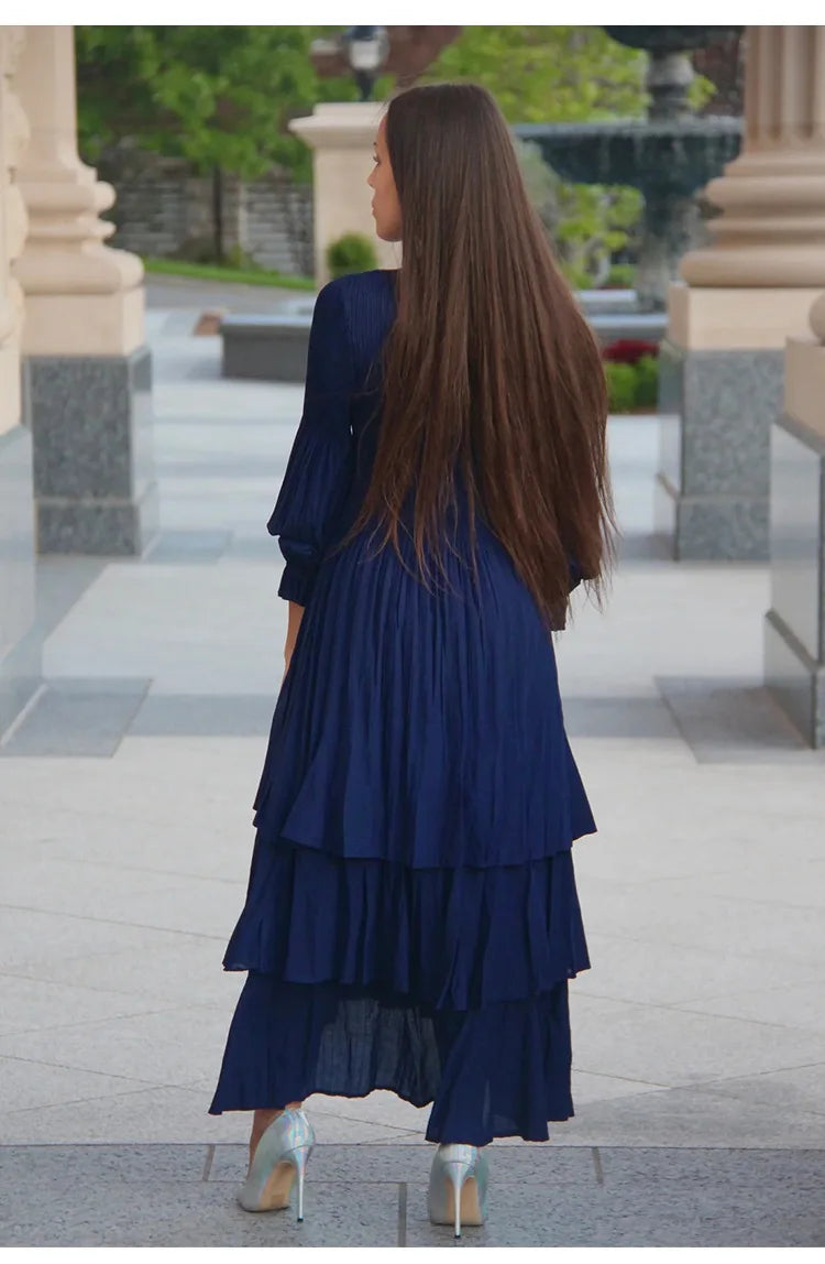Miyake Pleated Lantern Sleeve Dress - Solid Color Lotus Edge Long Skirt - JStorehub 