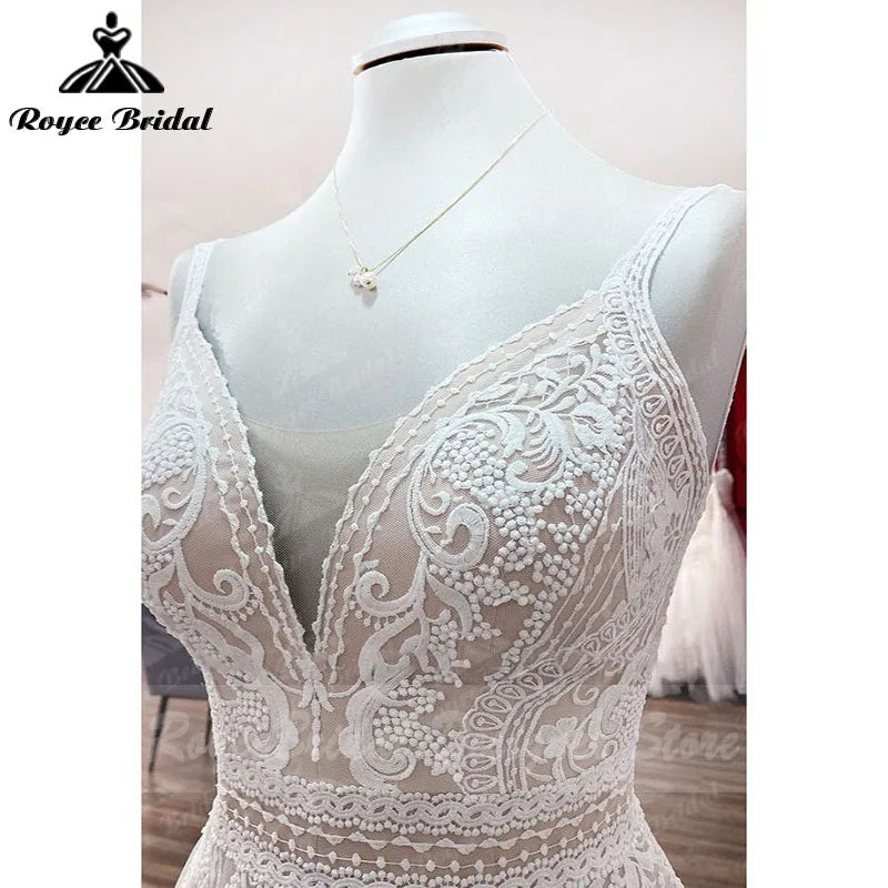 Blush Pink Boho A-Line Wedding Dress | Spaghetti Straps Lace Gown | Jstorehub - JStorehub 